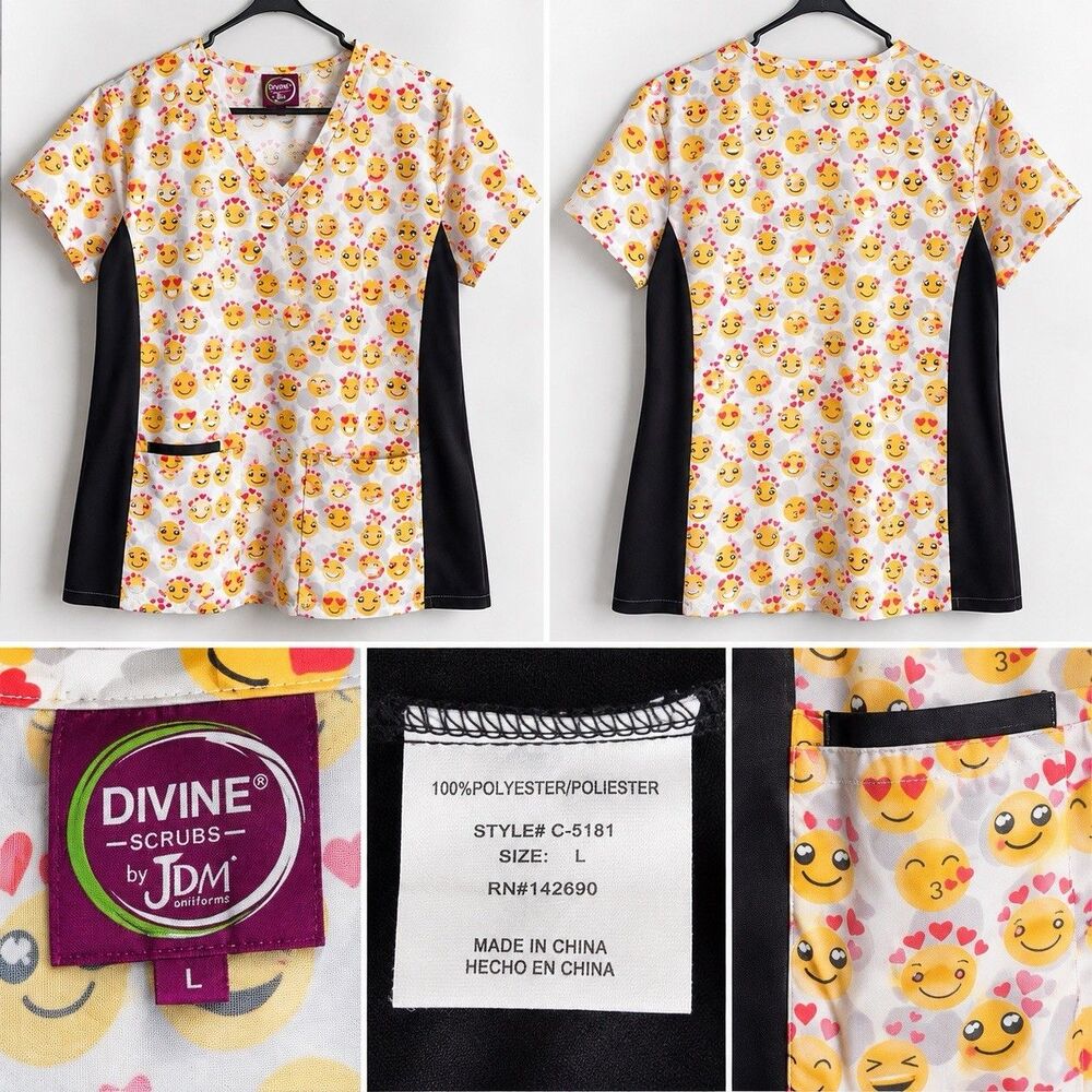 Divine Scrub  Top Unisex L Emoji Heat Print  Pocket Medical Uniform Pullover